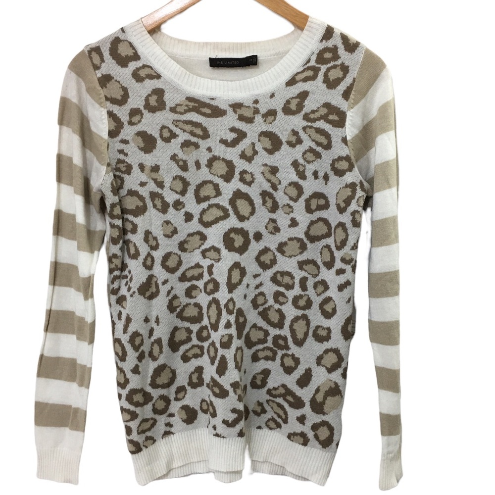 The Limited Cream Tan Brown Leopard Striped Crew Neck Sweater